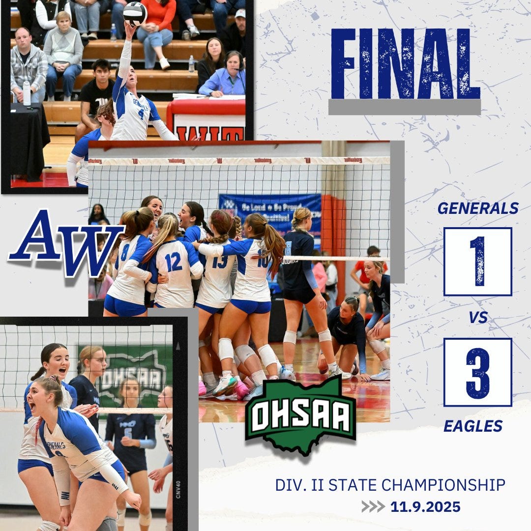 May be an image of volleyball and text that says 'FINAL ಕ + seltive! 12 Aw DME GENERALS 1 VS 3 EAGLES い OHSAA DIV. II STATE CHAMPIONSHIP >>> 11.9.2025' May be an image of volleyball and text that says 'FINAL ಕ + seltive! 12 Aw DME GENERALS 1 VS 3 EAGLES い OHSAA DIV. II STATE CHAMPIONSHIP >>> 11.9.2025'