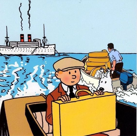 This may contain: an image of a man driving a boat in the ocean with other people on it