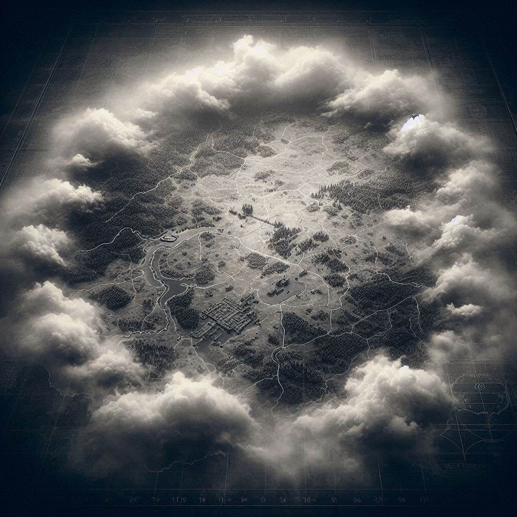 a map with fog of war all around the middle part.