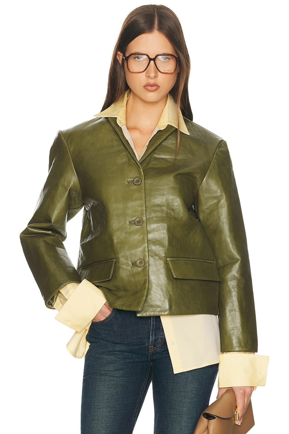 Image 1 of Helsa Puffy Leather Jacket in Avocado