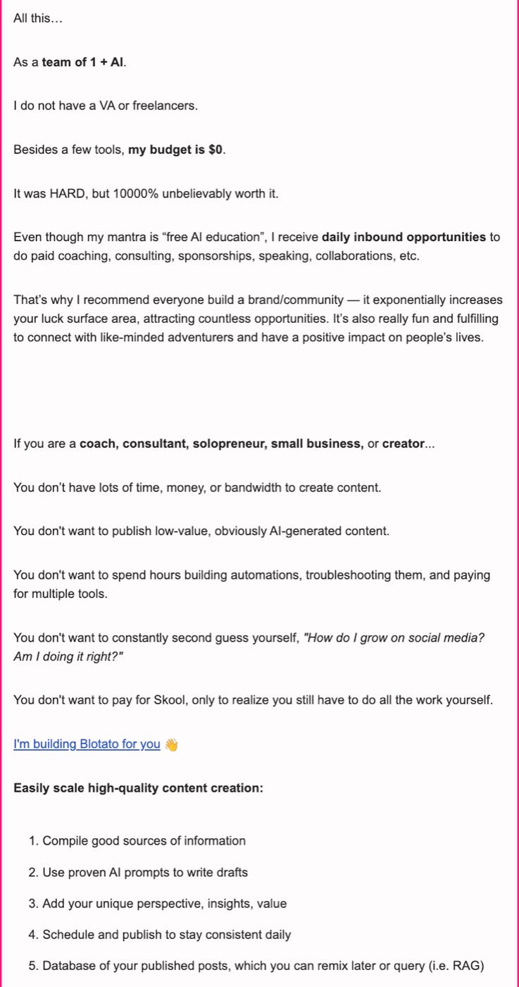 Blotato launch email section saying all this was built as a team of 1 plus AI with $0 budget beyond tools