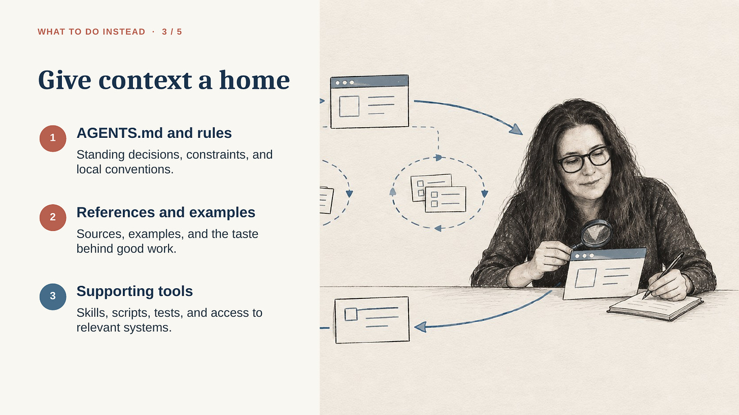 Standing instructions, references and examples, and supporting tools give context a durable home. Standing instructions, references and examples, and supporting tools give context a durable home.