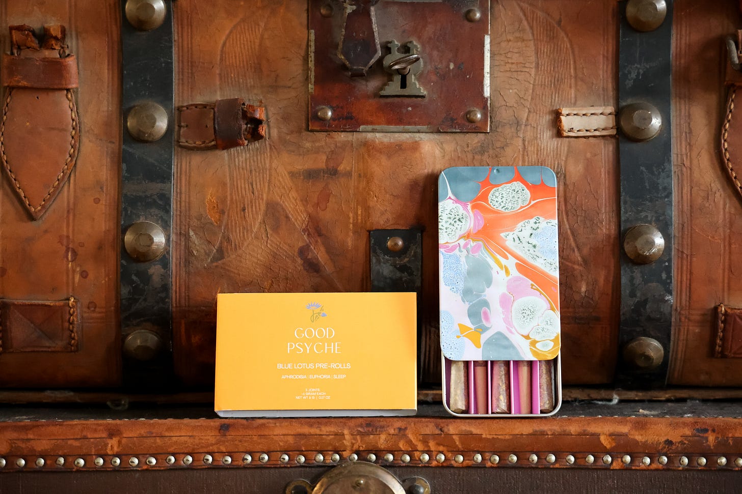 Good Psyche blue lotus pre rolls displayed atop an old chest Good Psyche blue lotus pre rolls displayed atop an old chest