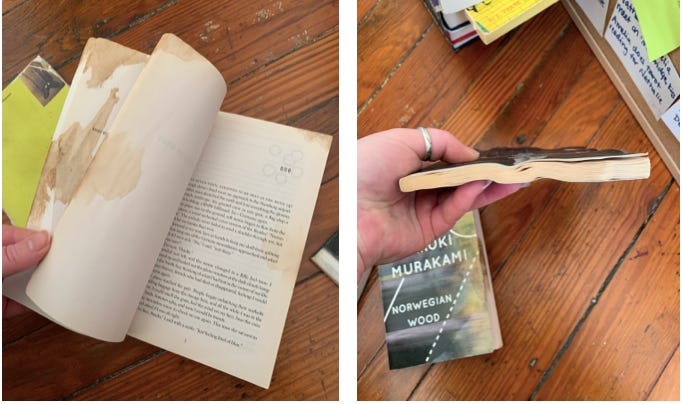 two photographs, the first a copy of norwegian wood held open to show brown stains on the pages, the other a copy of waiting for godot, held at an angle to show that the pages are wavy and warped from exposure to water