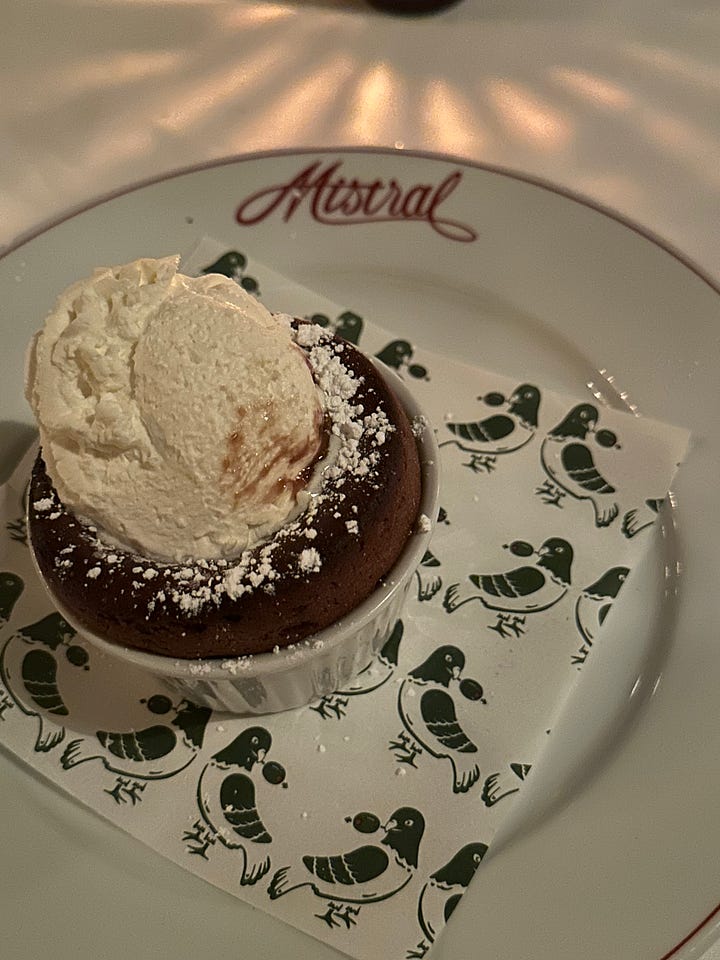 Appetizers and chocolate souffle at Mistral