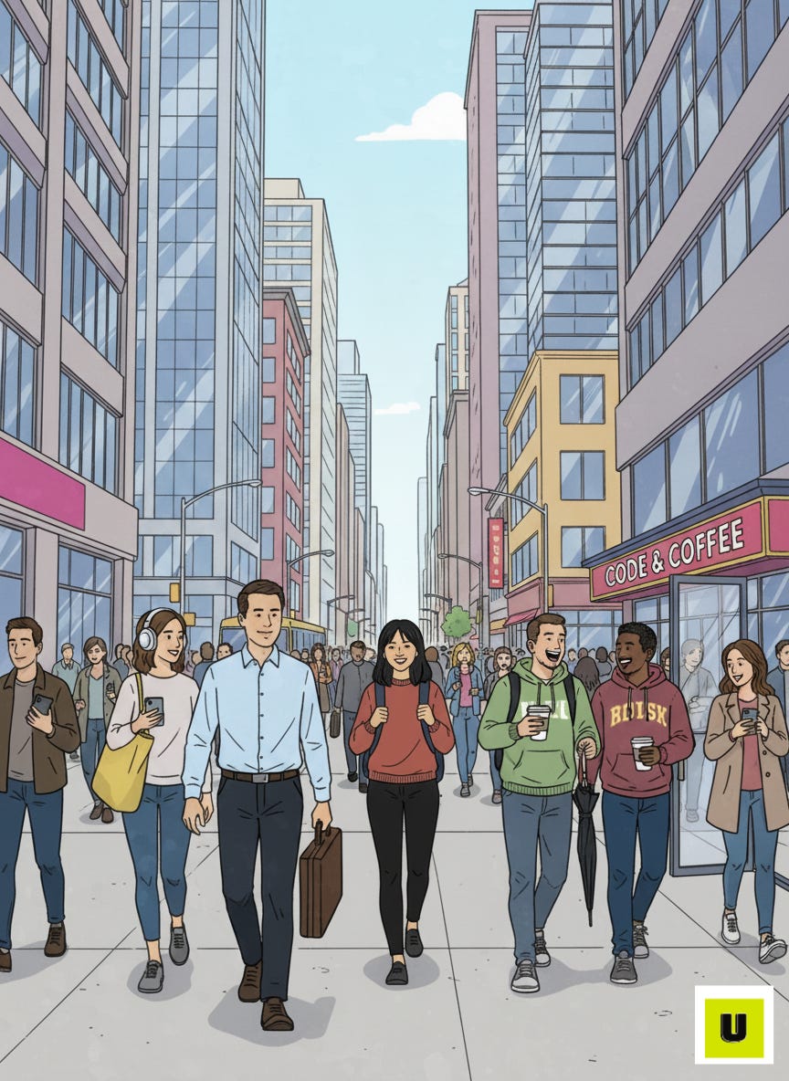 Anuja walking the busy streets of Antonburg