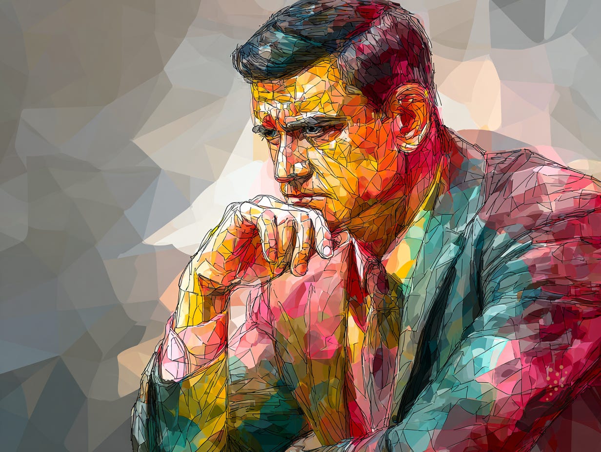 Multicolored faceted portrait of a suited figure in a thinking pose, with hand against the mouth and chin, set against a gray geometric background.