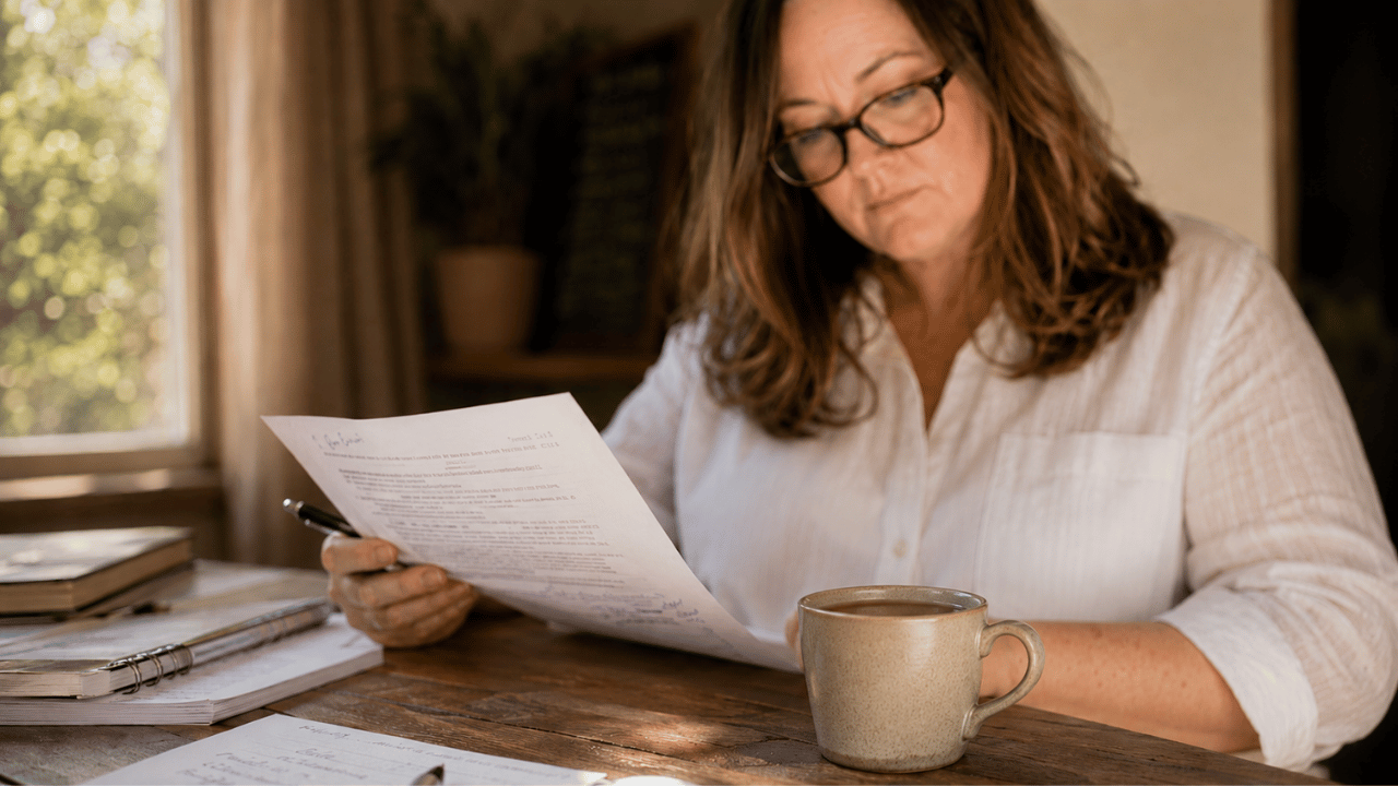 An independent consultant reviews client documents at her desk with a cup of tea, reflecting on the hidden costs of relationship neglect in her business.