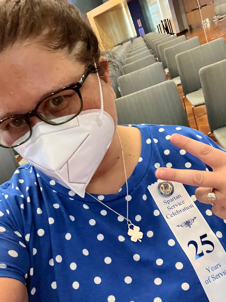 Photo 1: Collage of 5 photos showcasing blue and gold balloons, an award with a seal on it, chairs set up for event, podium with seal for event; Photo 2: girl with glasses and mask holding a peace sign in a blue polka dotted dress with a 25-year service ribbon