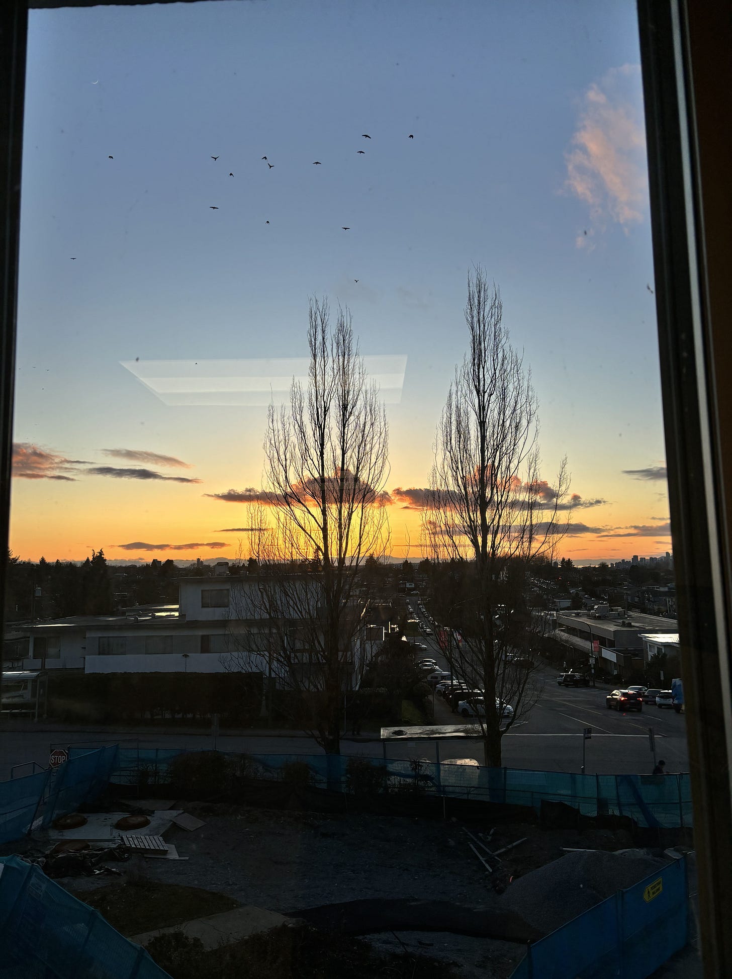 Sunset and birds out the only window at the end of the hallway.