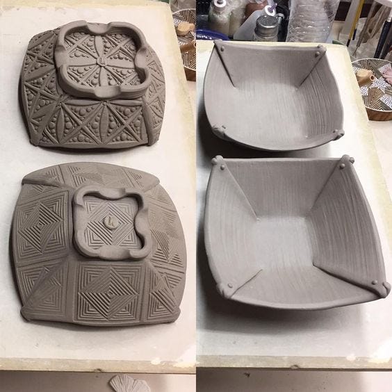 unglazed ceramic bowls with geometric designs pressed in