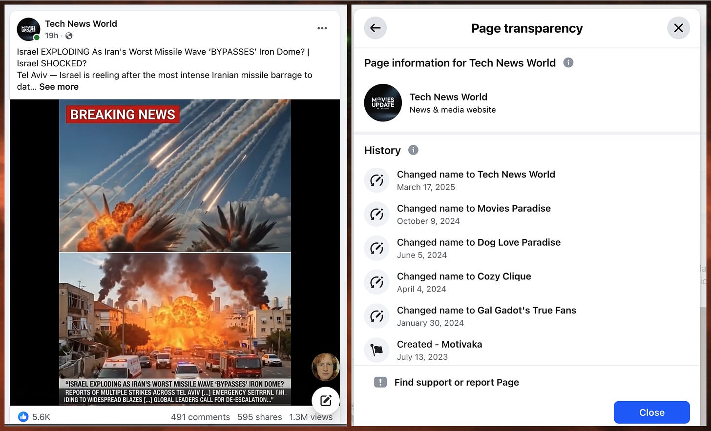 screenshot of a "Tech News World" Facebook post featuring an AI-generated war video, and Page Transparency info indicating that "Tech News World" has ben renamed multiple times