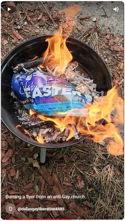 Stealth homophobia of the One Community Church. Burning their mailing. 