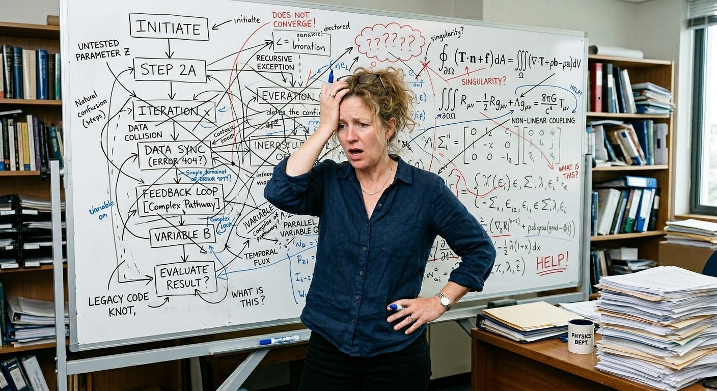 An exasperated, white middle-aged woman is standing in front of a whiteboard, which is covered with a confusing flow chart and equations. 