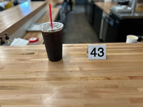 food, fruit, tray, coffee, cup, sign, restaurant