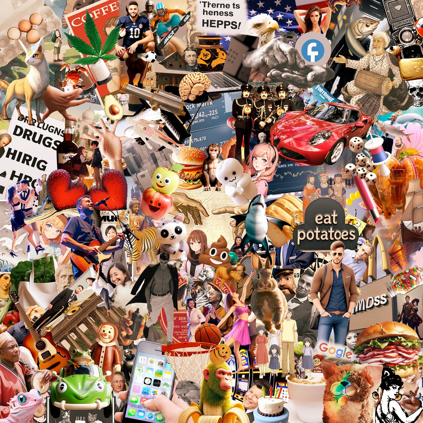 A collage of images with Michelangelo's "The Creation of Adam" at the center
