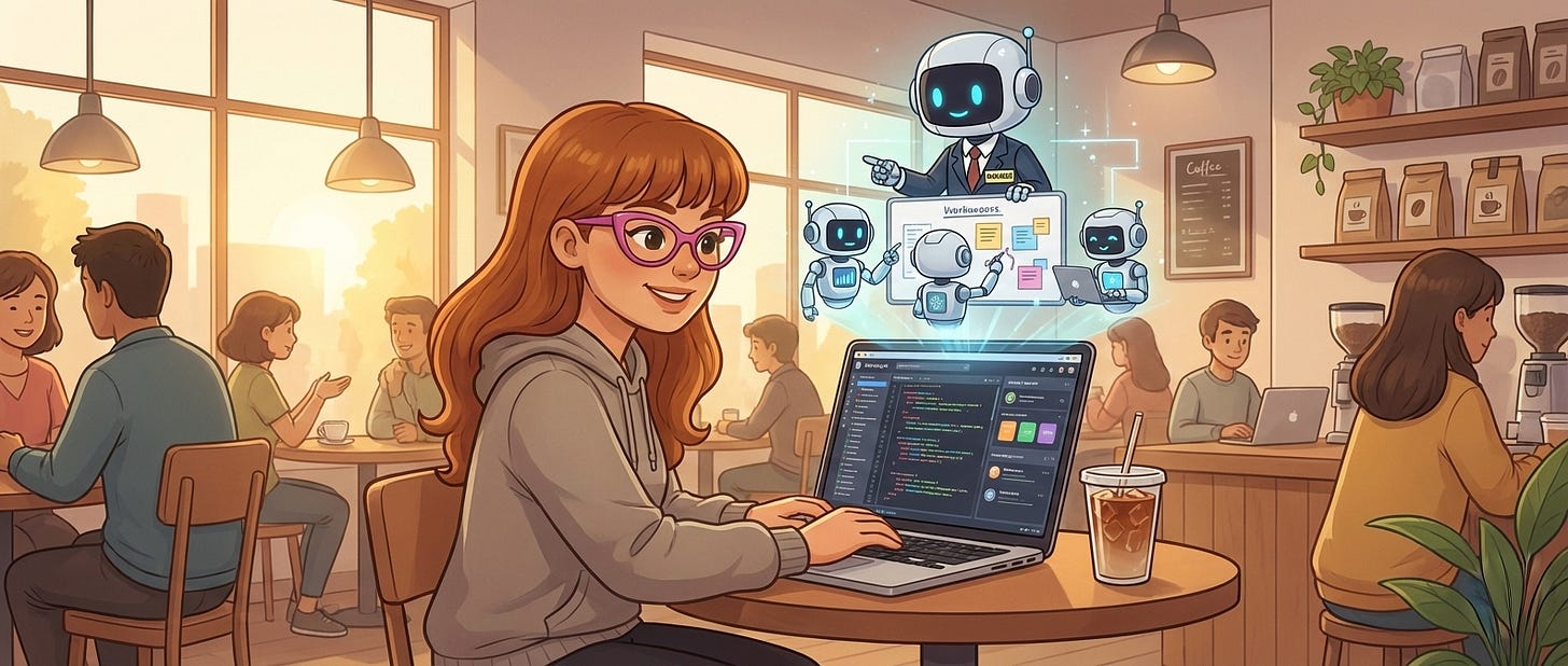 Illustration of a woman with long red hair and pink glasses working on a laptop in a cozy coffee shop at sunset. On her laptop screen are colorful project dashboards and code. Floating above the laptop, holographic robots labeled “WORKFLOWS” present files, charts, and plans, symbolizing AI assistants managing tasks. Other patrons chat and work in the background, creating a warm, productive atmosphere.