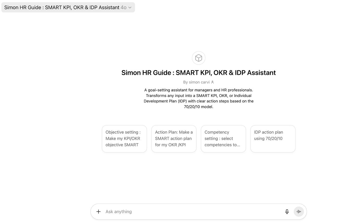 Screenshot of Simon HR Guide, a ChatGPT for HR assistant that helps managers create SMART KPIs, OKRs, and Individual Development Plans (IDPs) with 70/20/10 action steps.