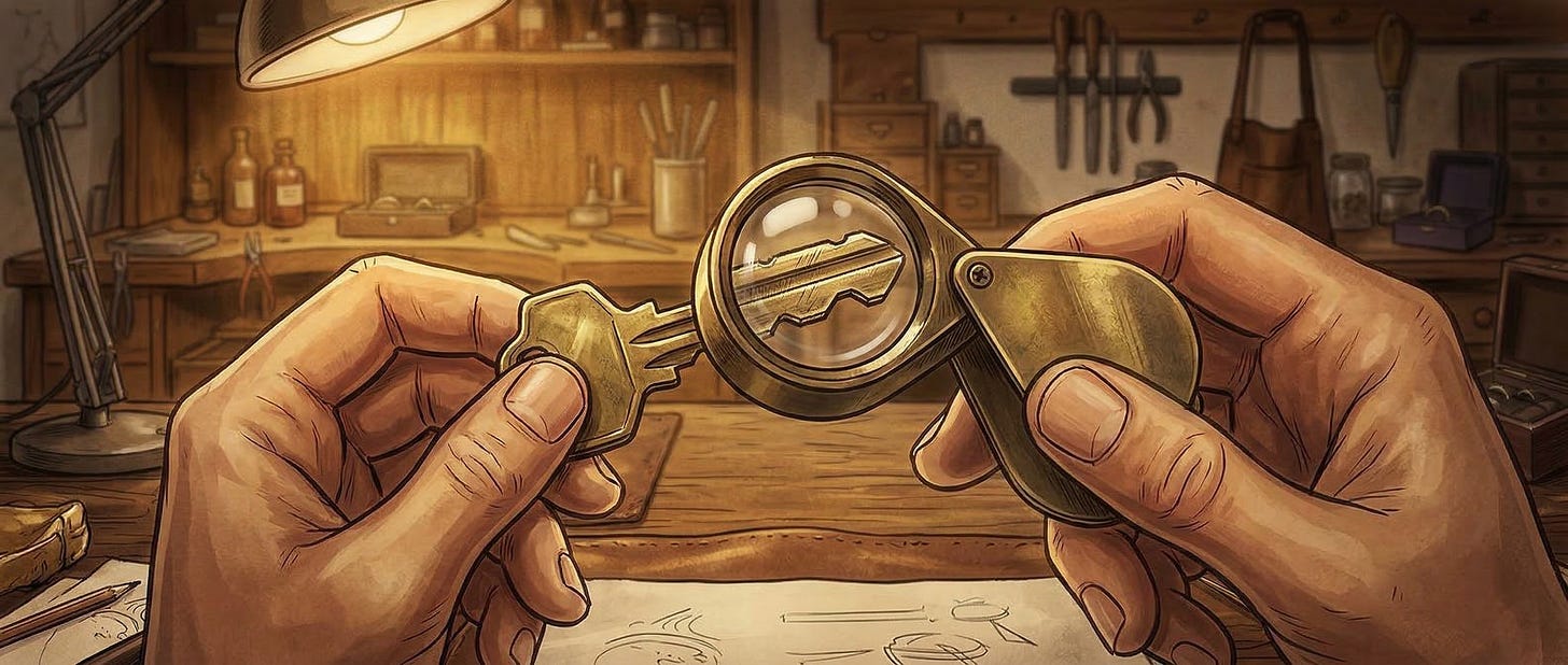 In the same workshop, a jeweller studies a key through a jeweller's loupe.