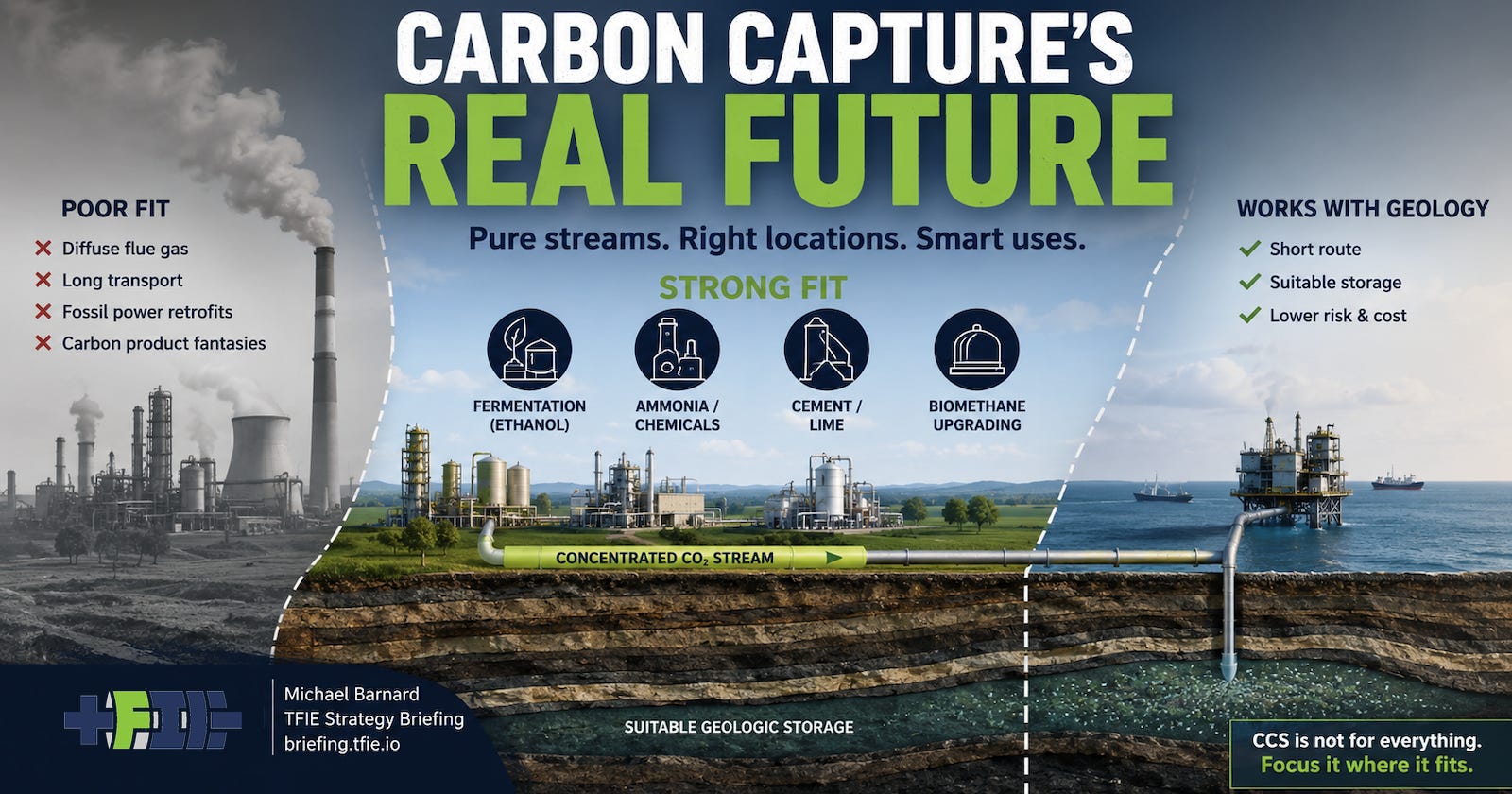 Industrial carbon capture shown as a narrow practical lane, with concentrated CO₂ sources, short transport and underground storage emphasized over broader weaker-fit uses.