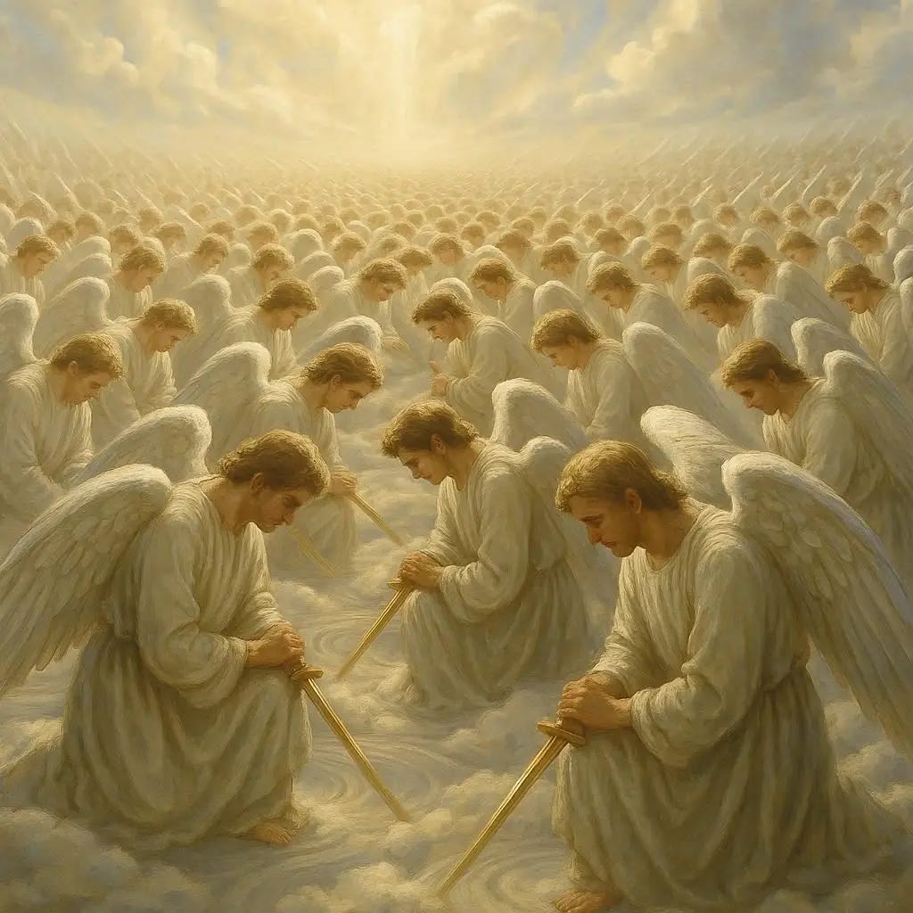 legions of angels all kneeling in the same direction. realistic. heavenly. in heaven. each strike creates sonic booms.