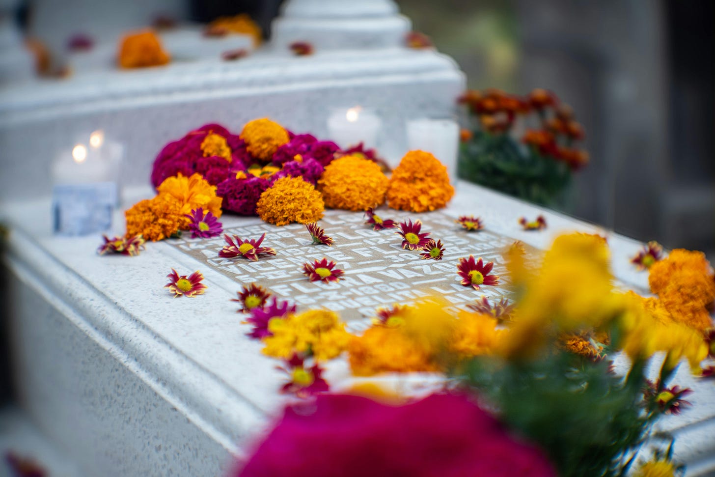 Chrysanthemums placed atop a grave in Mexico to honor the dead during Día de los Muertos