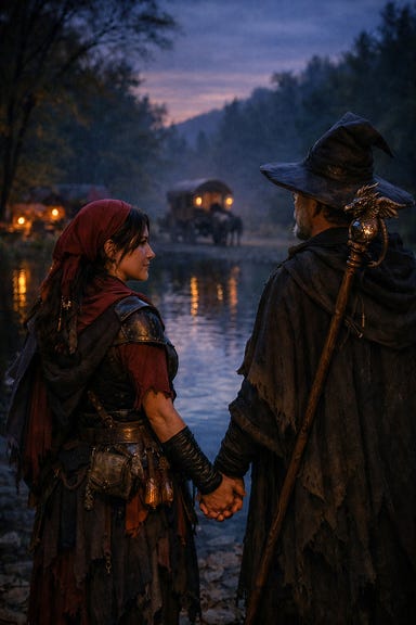 Ezmerelda stands at the edge of Tser Pool at twilight, watching the last Vistani wagon vanish into the trees, her jaw set but eyes soft as Felonious steps beside her and without looking, her hand finds his Ezmerelda stands at the edge of Tser Pool at twilight, watching the last Vistani wagon vanish into the trees, her jaw set but eyes soft as Felonious steps beside her and without looking, her hand finds his