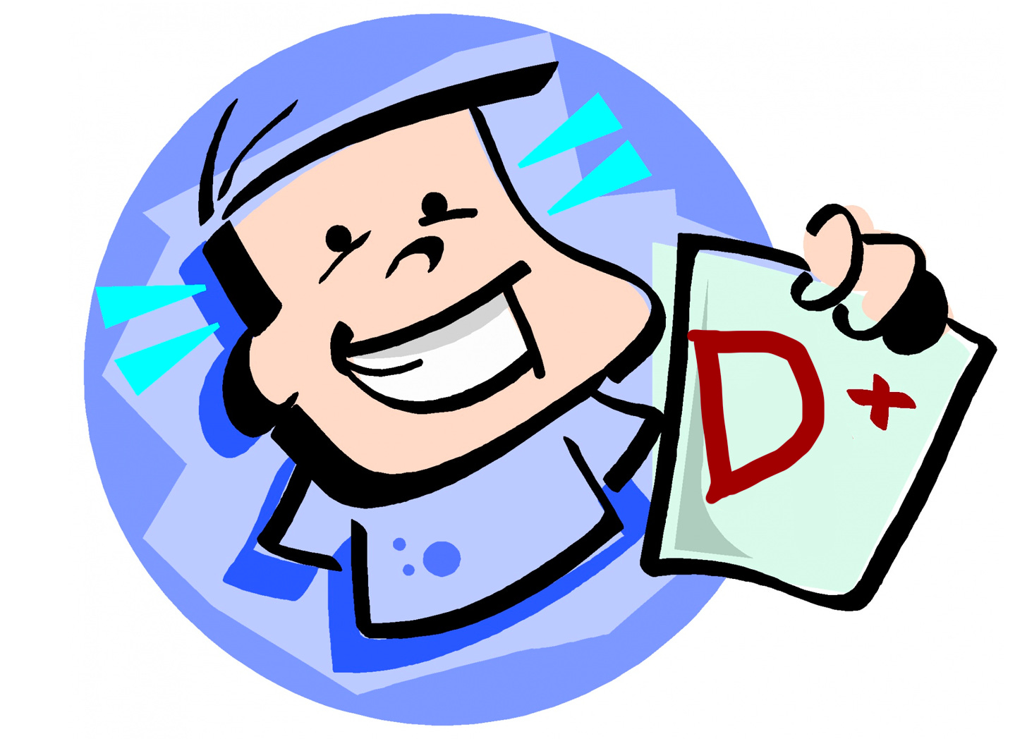 Illustration of boy proudly showing off a D+ report card
