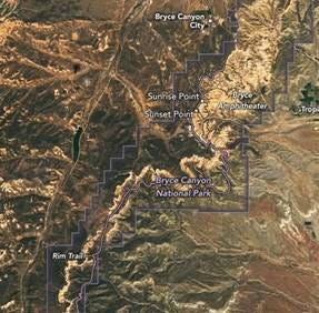 Satellite image of Bryce Canyon National Park and the surrounding area. The landscape is brown and green and mountainous. A jagged tan line, the 'canyon' runs through the landscape. A purple line outlines the boundary of the park and iconic vistas and trails are marked.