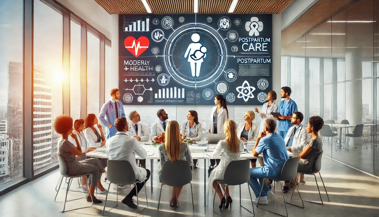 A diverse group of healthcare professionals including doctors, nurses, and midwives, gathered in a modern conference room, discussing maternal and postpartum care. The room has large windows with natural light, and there are diagrams and charts on the walls showing different aspects of maternal health. In the background, a digital screen displays a heart and mother-baby icon symbolizing maternal health. The atmosphere is collaborative and focused, highlighting the importance of improving postpartum care systems.