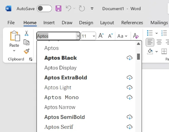 Roletka s nabídkou písem v MS Word