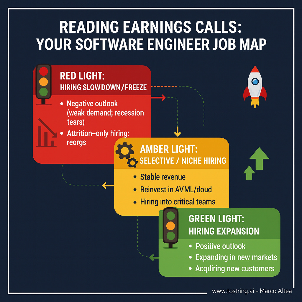 A dark blue infographic titled “Reading Earnings Calls: Your Software Engineer Job Map.” It shows three colour-coded panels: Red lists “efficiency,” “rightsizing,” and “backfills only,” labelled as likely hiring freeze; Amber says “investing in X,” meaning only the named team is hiring; Green says “net headcount growth” and “investing ahead of demand,” meaning broader hiring—sales and post-sales first, then platform/infra. A footer reinforces the message: read the money, not the hype. A dark blue infographic titled “Reading Earnings Calls: Your Software Engineer Job Map.” It shows three colour-coded panels: Red lists “efficiency,” “rightsizing,” and “backfills only,” labelled as likely hiring freeze; Amber says “investing in X,” meaning only the named team is hiring; Green says “net headcount growth” and “investing ahead of demand,” meaning broader hiring—sales and post-sales first, then platform/infra. A footer reinforces the message: read the money, not the hype.