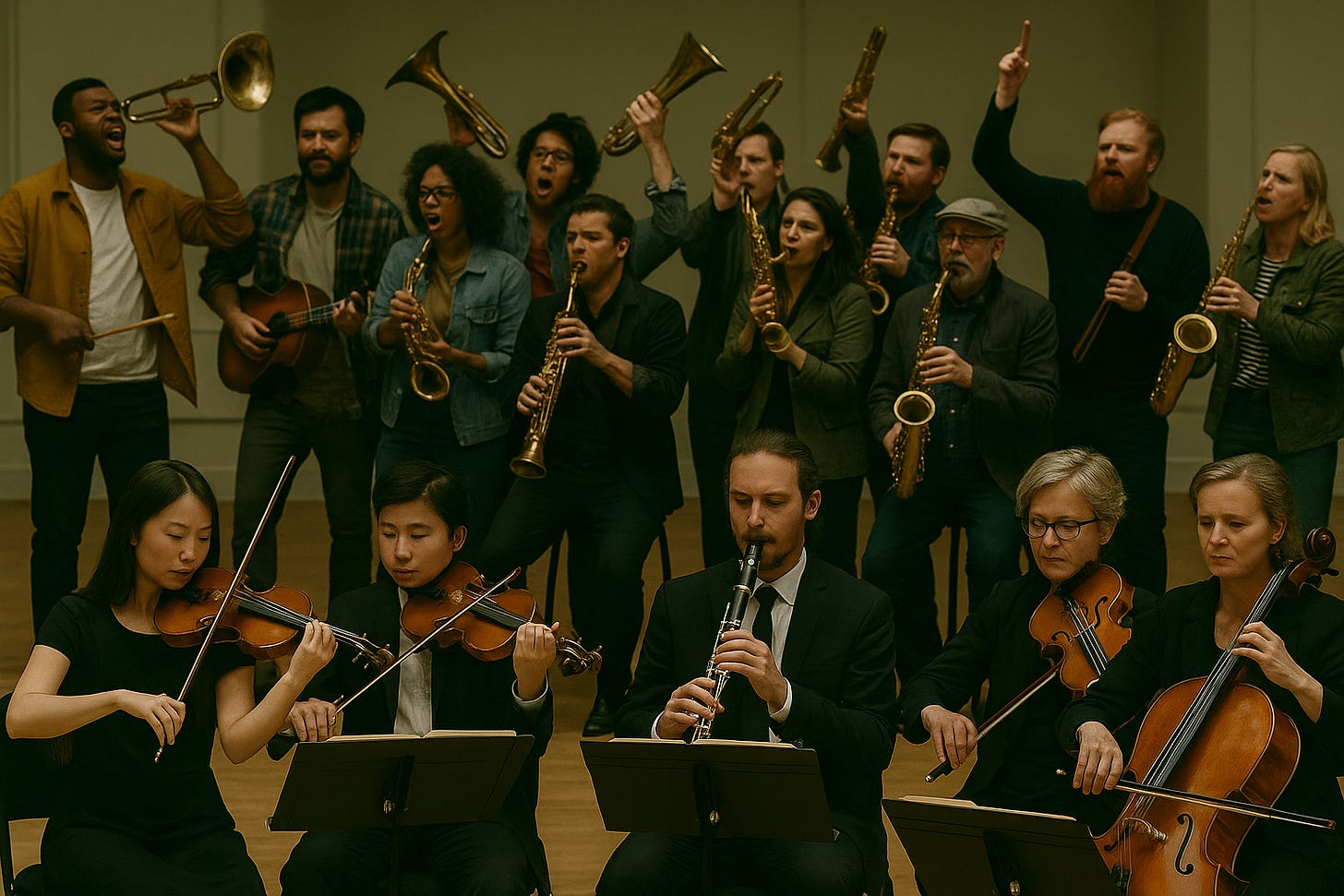 A diverse orchestra on stage. In the foreground, a small group of well-dressed musicians plays together in harmony, while in the background, a larger group is messy and uncoordinated. The contrast symbolizes truth standing out amid noise and misinformation. A diverse orchestra on stage. In the foreground, a small group of well-dressed musicians plays together in harmony, while in the background, a larger group is messy and uncoordinated. The contrast symbolizes truth standing out amid noise and misinformation.