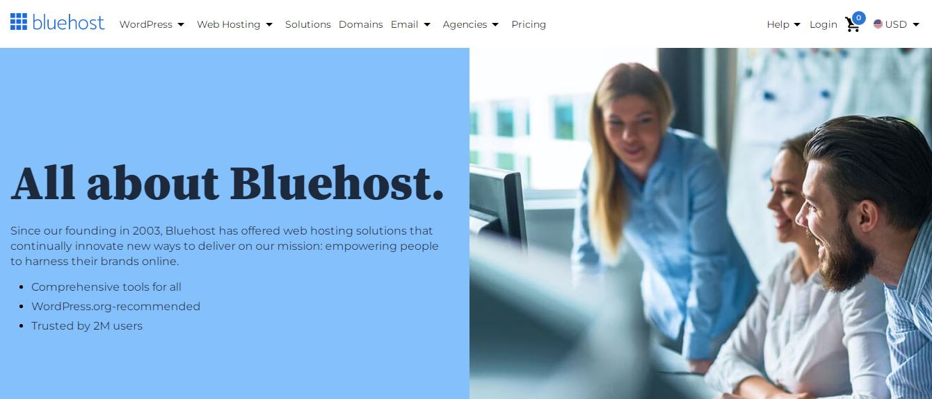 Bluehost WordPress hosting dashboard.