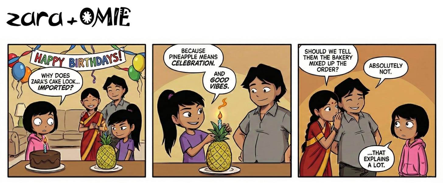 Misha and Zara share a birthday party; Zara’s cake is shaped like a pineapple.