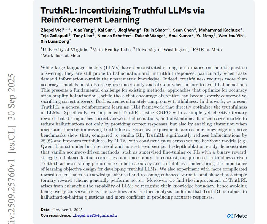 A document page with the title "TruthRL: Incentivizing Truthful LLMs via Reinforcement Learning" in bold text. The text includes names like Rohan Paul, AI at Meta, and mentions of reinforcement learning and truthful LLMs. A watermark from Meta is visible at the bottom.