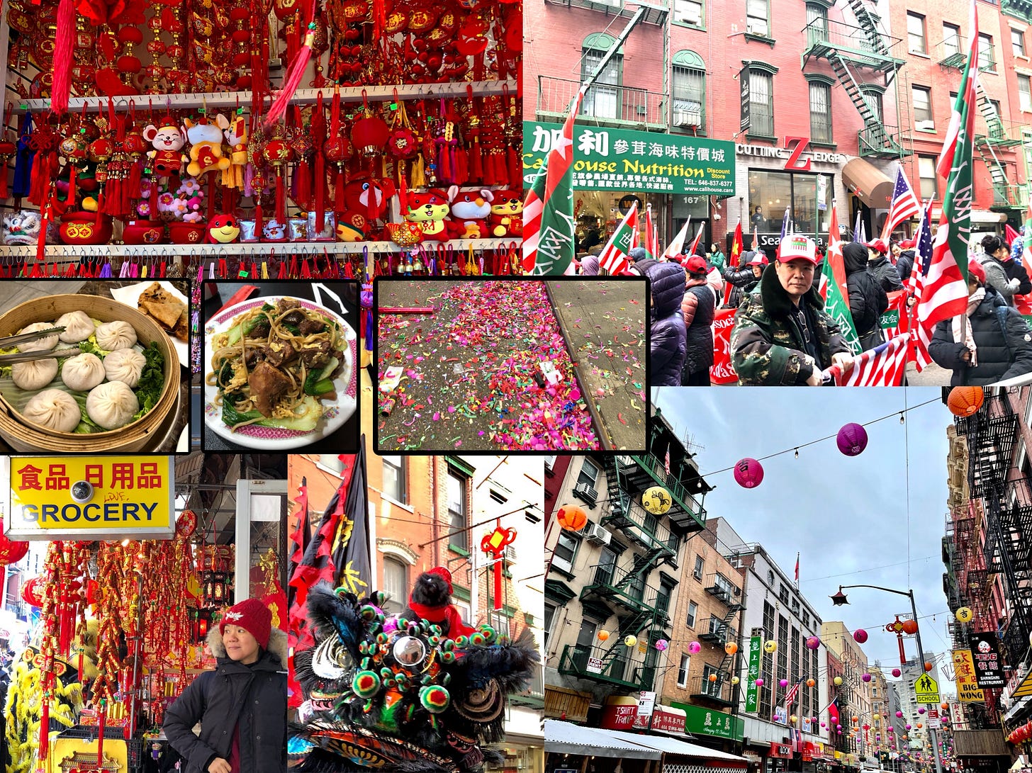 chinese new year collage of lanterns over the street, man in camo holding flag, a shop of all red chinese lanterns and tassels, soup dumplings, noodles, woman out front of her shop with more red tassels and lanterns, a lion dancer in costume