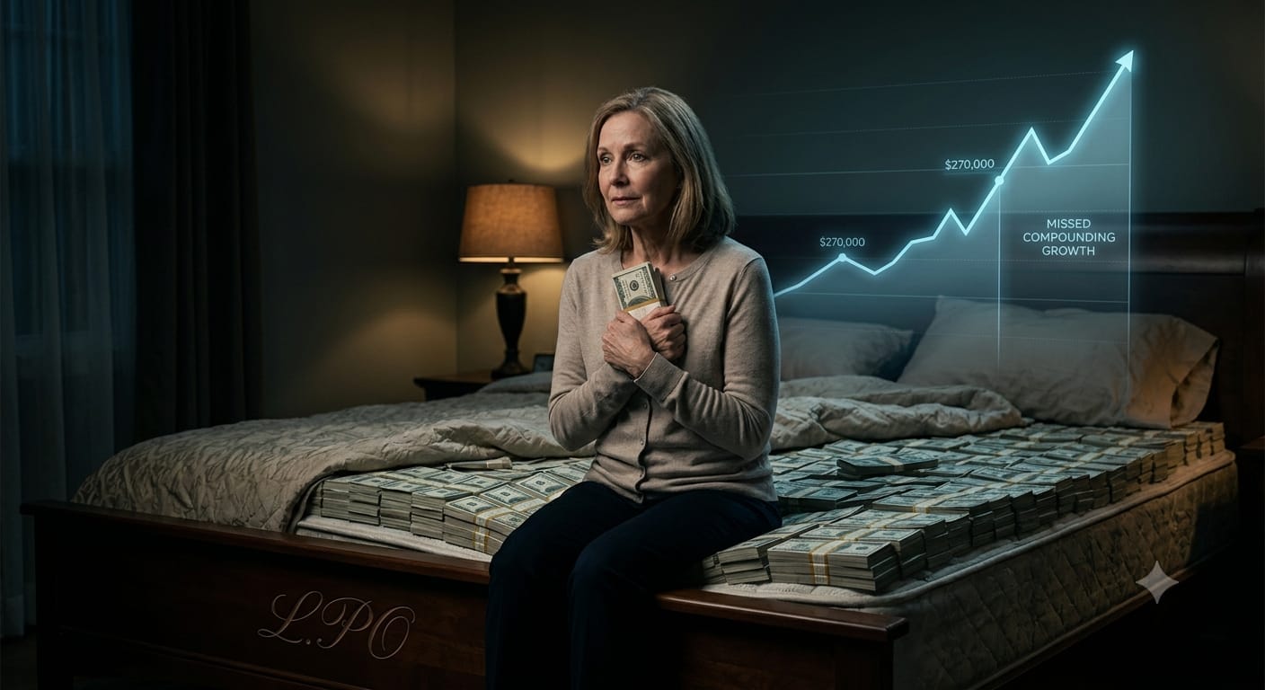 Cinematic editorial photograph of a woman sitting upright on a bed heavily piled with stacks of cash bills, holding a bundle close to her chest with a thoughtful expression. In the background, a glowing holographic upward-trending chart hovers in the air, illustrating "MISSED COMPOUNDING GROWTH" and a gap labeled "$270,000". The scene is lit by warm bedside lamp light in a muted domestic setting.