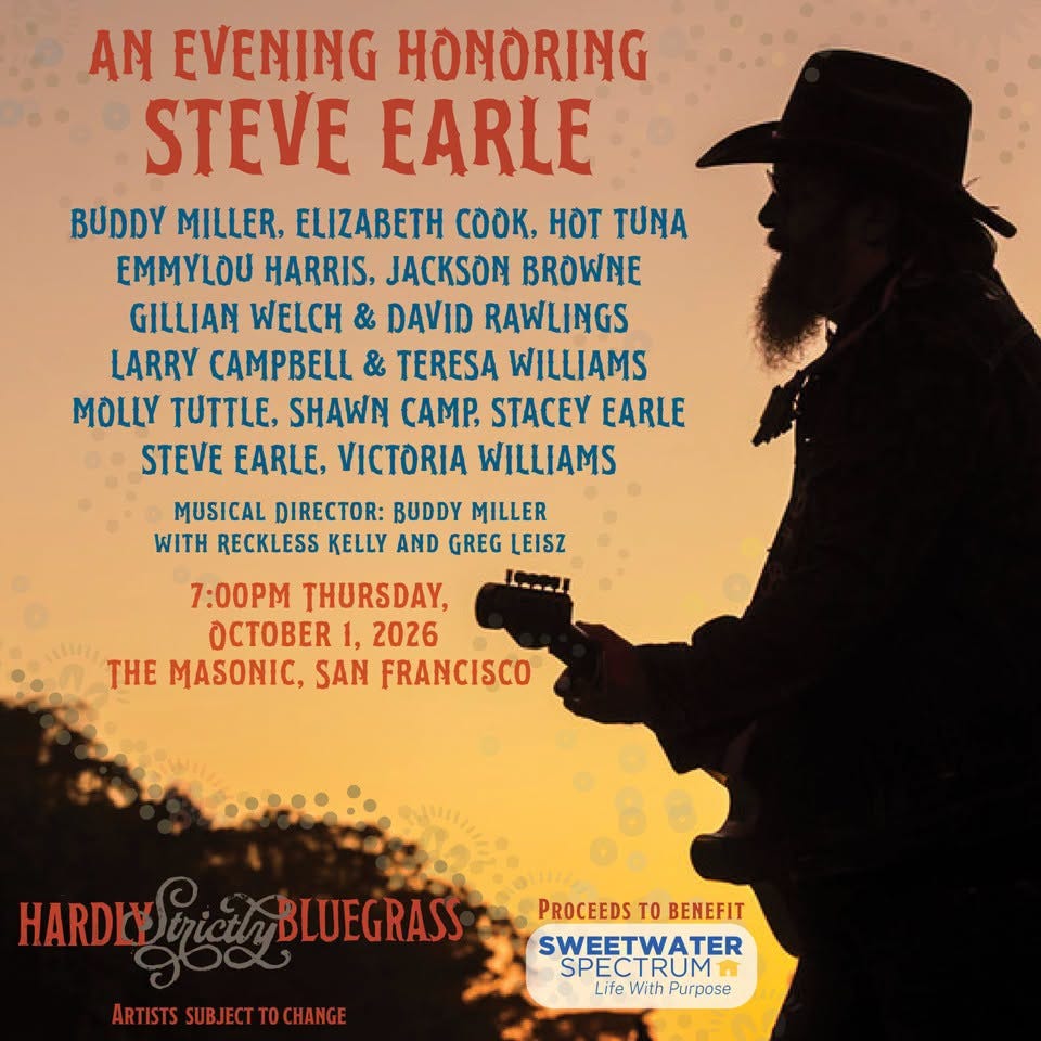 Hardly Strictly Bluegrass Announces Tribute to Steve Earle with Emmylou Harris, Jackson Browne, Hot Tuna, Gillian Welch & David Rawlings and More Hardly Strictly Bluegrass Announces Tribute to Steve Earle with Emmylou Harris, Jackson Browne, Hot Tuna, Gillian Welch & David Rawlings and More
