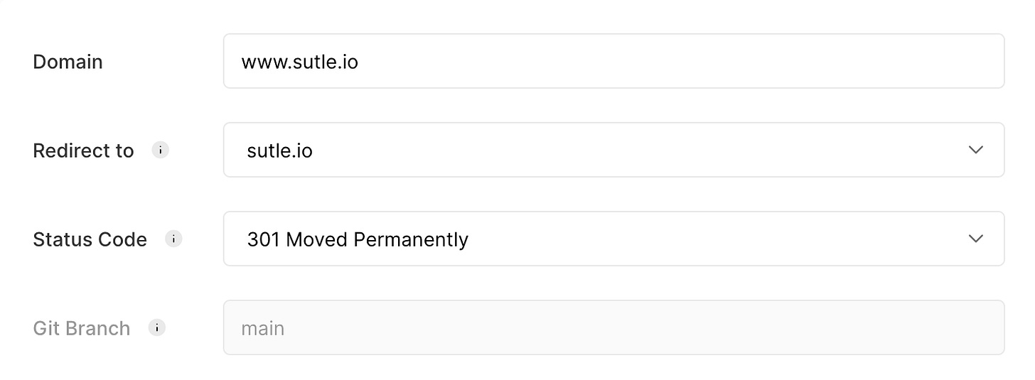 It shows the domain, www.sutle.io, redirecting to sutle.io and having a status code of 301 Moved Permanently