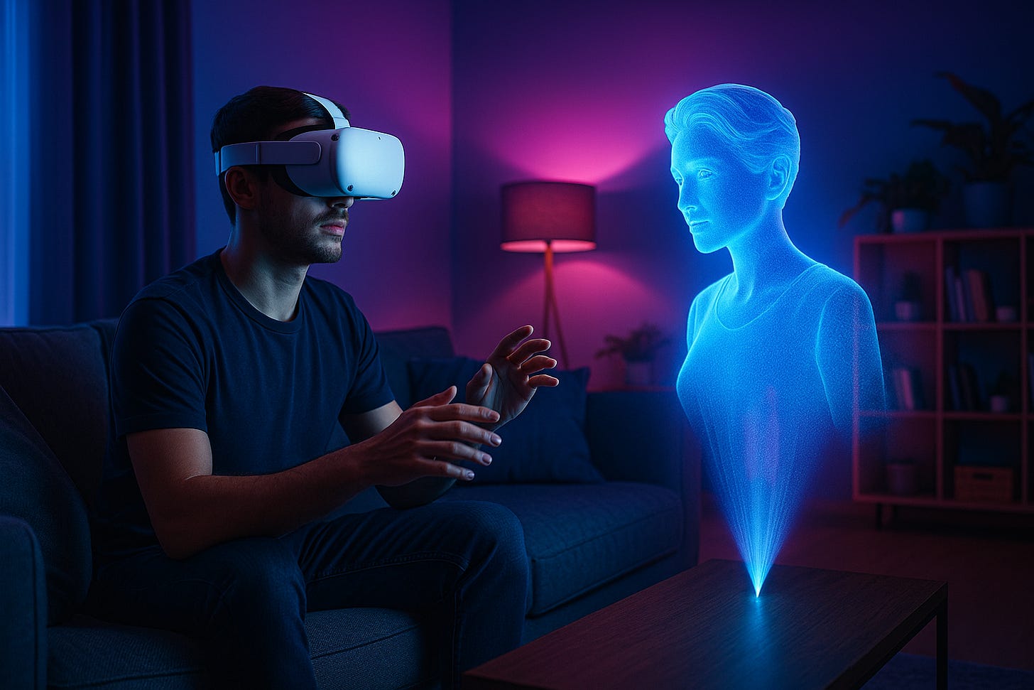 Gamer cu headset VR într-un living luminat de accente neon, interacționând cu un asistent holografic AI care plutește alături și oferă sfaturi live. Gamer cu headset VR într-un living luminat de accente neon, interacționând cu un asistent holografic AI care plutește alături și oferă sfaturi live.