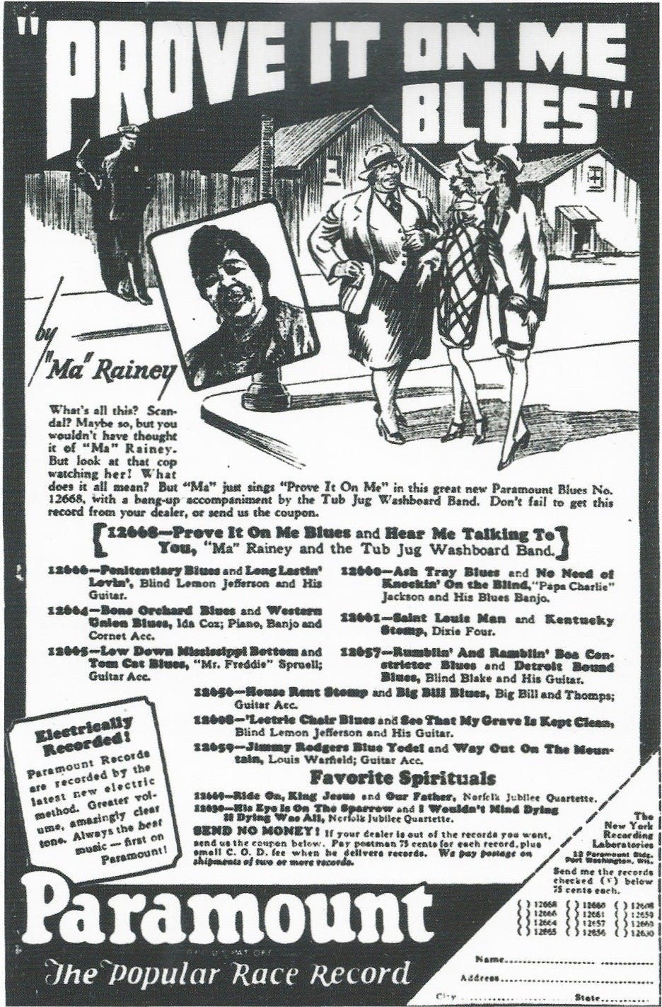 Newspaper advertisement for Ma Rainey's song 'Prove It On Me Blues'
