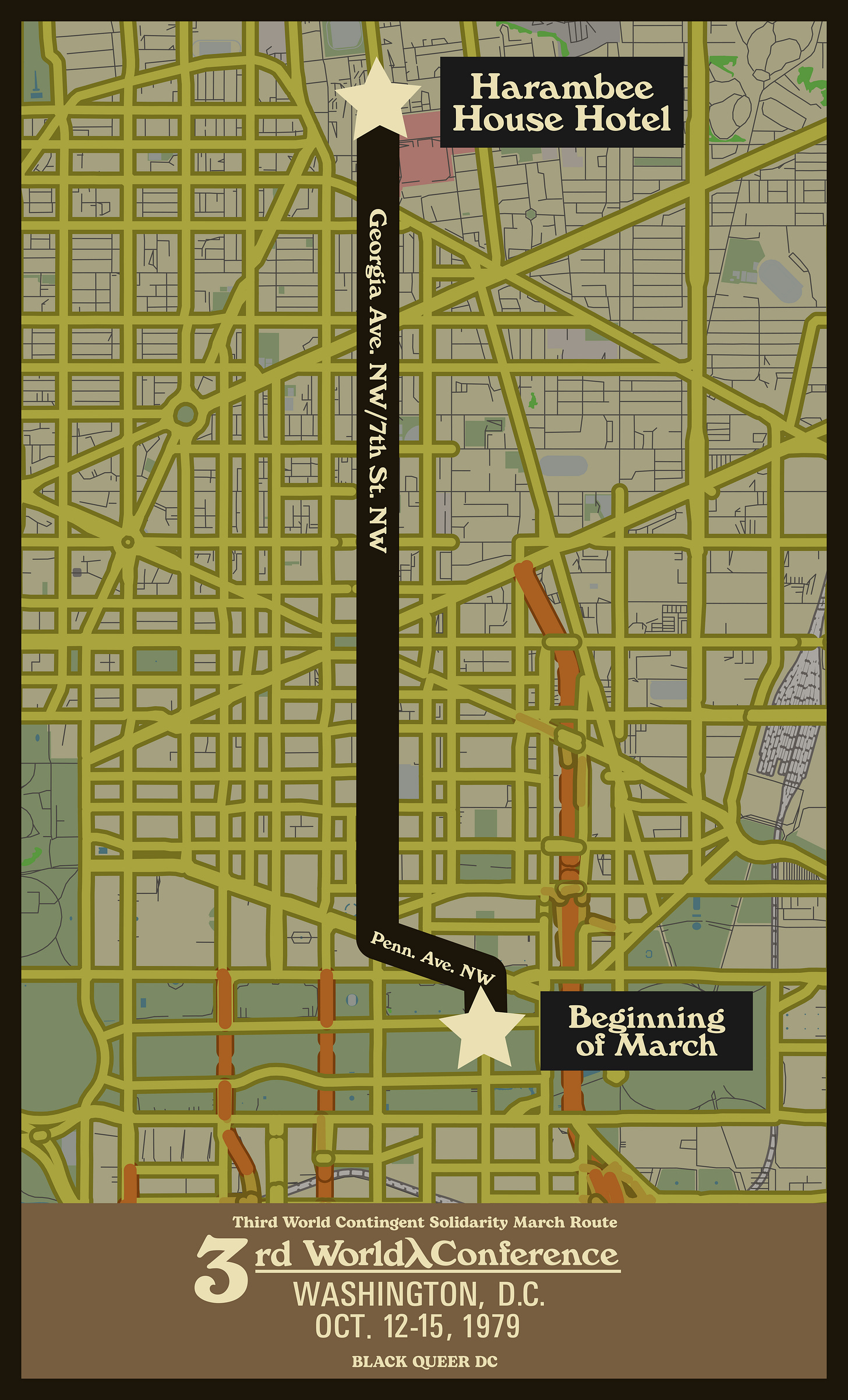 A stylized map showing the 1979 Third World Contingent Solidarity March route from the Harambee House Hotel near Howard University down Georgia Avenue and 7th Street NW to Pennsylvania Avenue NW and the National Mall in Washington, DC. The map includes labeled points for “Harambee House Hotel” and “Beginning of March,” and a banner reading “3rd World Conference, Washington, D.C., Oct. 12–15, 1979.” Created by Black Queer DC.