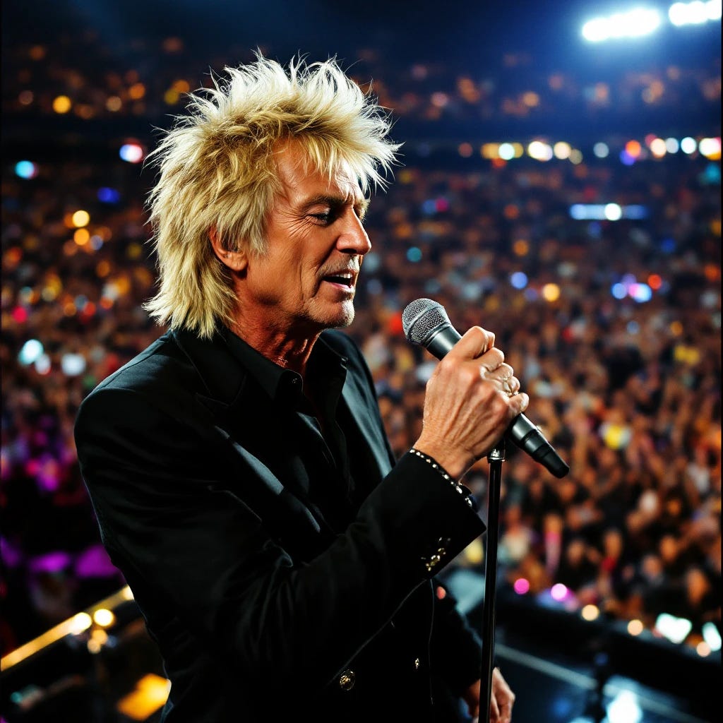 Rod Stewart singing with microphone at half time show