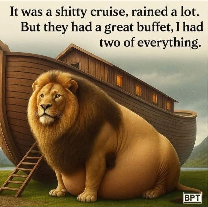 May be a meme of lion and text that says 'It was a shitty cruise, rained a lot. But they had a great buffet, I had two of everything. NA BPT BPT'