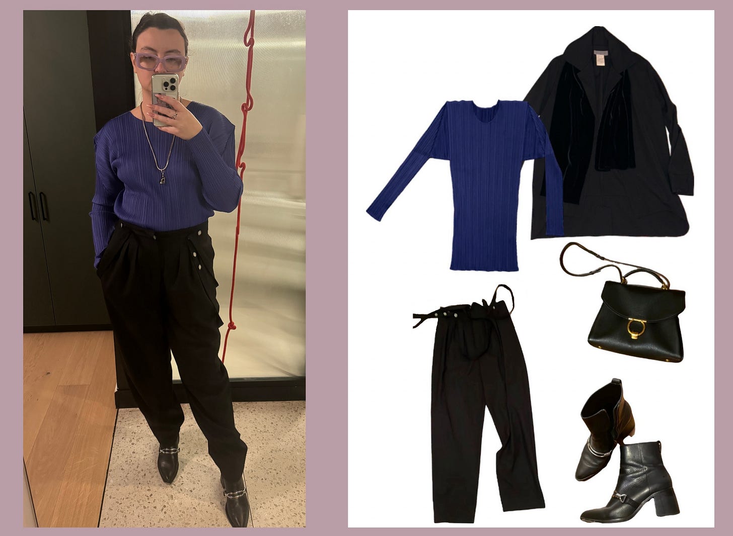 A woman taking a mirror selfie, with a blue long sleeve shirt and black trousers. 