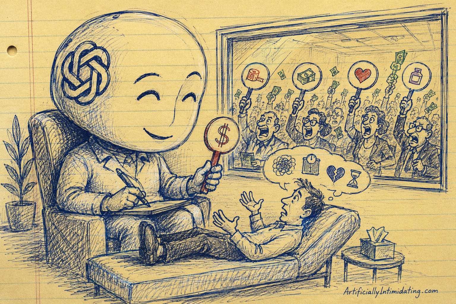 AI Created Hand-drawn editorial cartoon showing a giant ChatGPT-style AI therapist listening to a worried patient on a therapy couch. The AI appears friendly and trustworthy, but secretly holds an auction paddle while a room full of advertisers behind a one-way mirror aggressively bid on the patient's fears, including money, relationships, health, and personal insecurities.