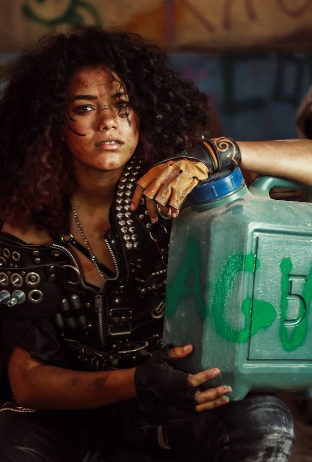 A woman in ‘apocalype gear’, looking rugged and scrappy, holding a large water container