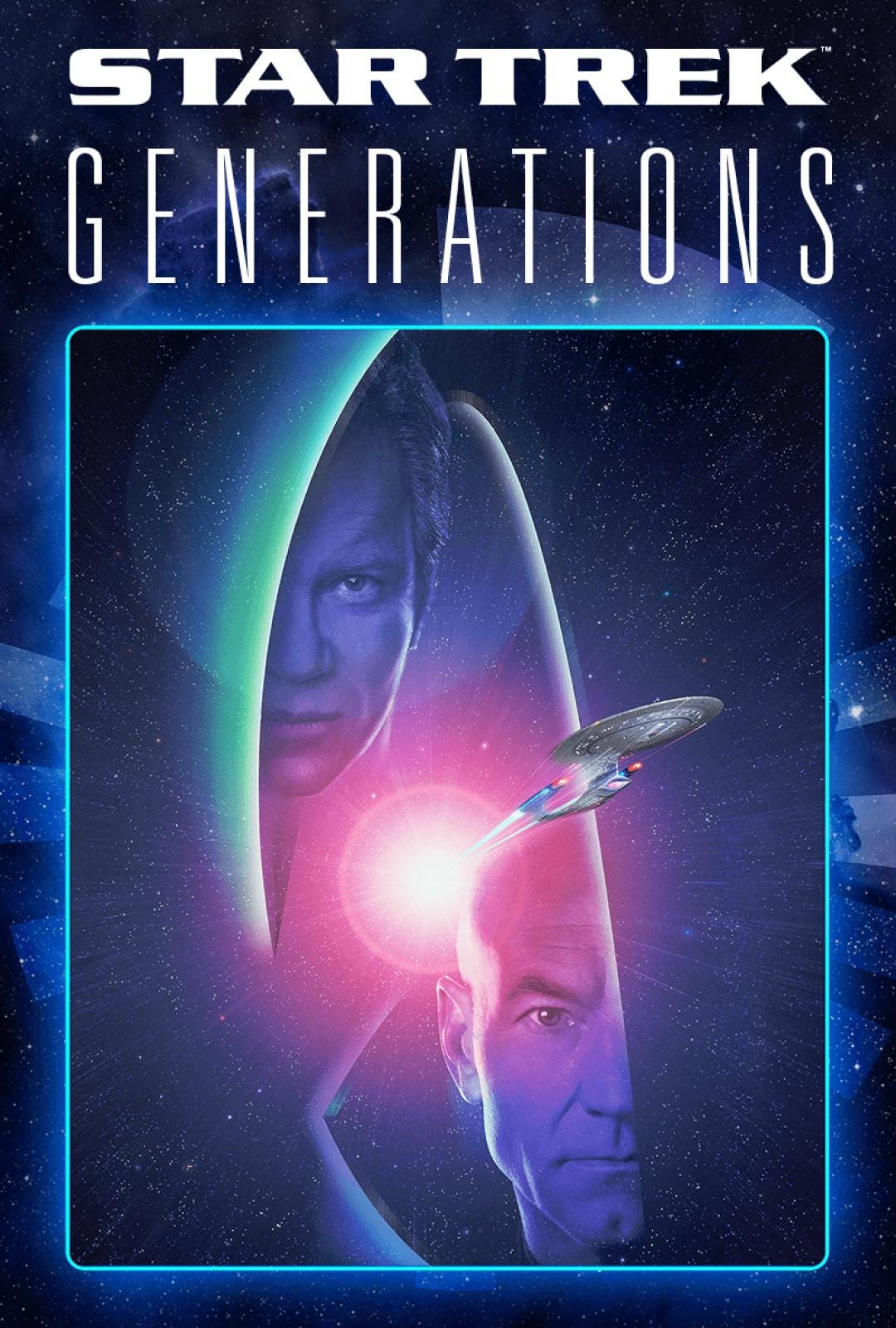 Poster art for Star Trek: Generations featuring James T. Kirk and Jean-Luc Picard