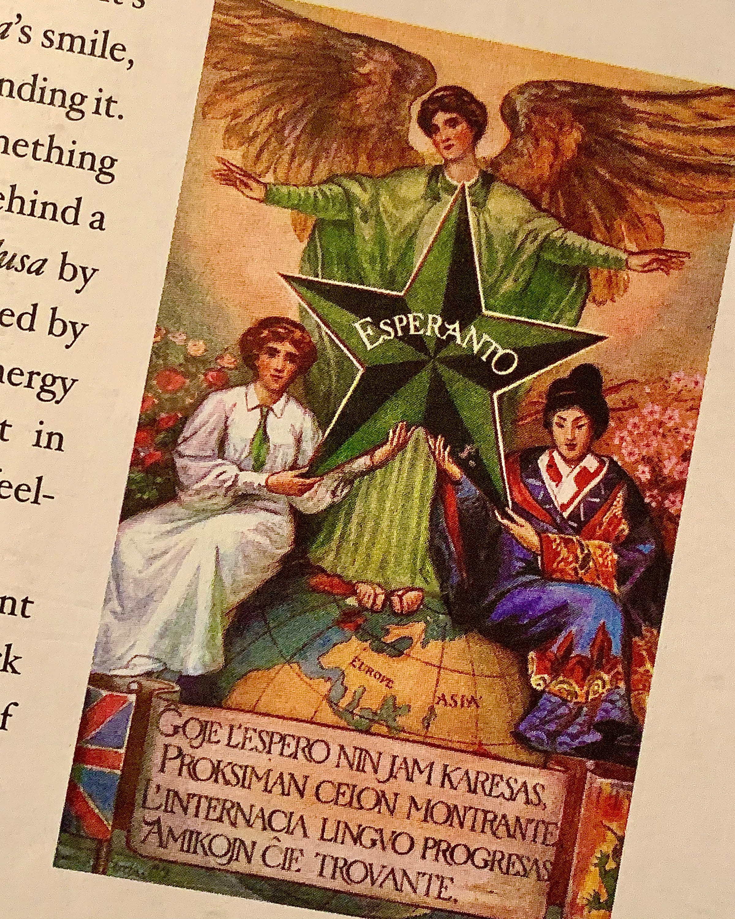 Symbolic painting of three women with star labeled Esperanto